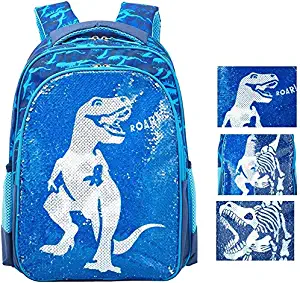 Reversible Sequin School Backpack Lightweight Little Kid Book Bag for Preschool Kindergarten Elementary (17", Dinosaur)