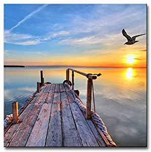 My Easy Art- Lake Under Sunset Wall Art Decor Bird Flying Over The Pier in Tropical Island Canvas Pictures Artwork Nature Nautical Landscape 24x24 inch Painting Prints for Home Bathroom