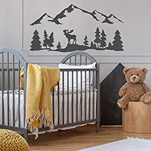 Wall Decal-Woodland Nursery Wall Decal with Pine Trees Moose Mountains-Nature Wall Decal-Kids Room Wall Decal-Forest Nursery Room Above Crib Decor-agdFMBK0059