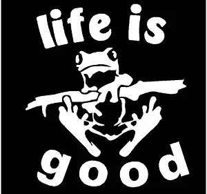 White Vinyl Decal - Life is Good Frog Tree Fun Sticker Truck Frogs Cute, Die Cut Decal Bumper Sticker for Windows, Cars, Trucks, Laptops, Etc.