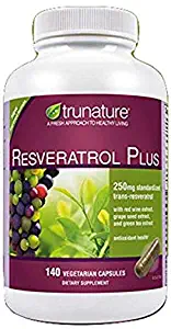 TruNature Resveratrol Plus - 250 mg of Resveratrol Plus 50 mg each of Red Wine Extract, Grape Seed Extract and Green Tea Extract - 140 Vegetarian Capsules