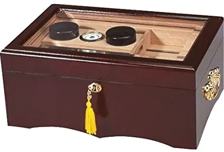 Quality Importers El Rey Desktop Cigar Humidor, Mahogany Finish, Spanish Cedar Tray & Divider, 2 Humidifiers, Glass Hygrometer, Gold-Plated Lock and Key with Tassel, Brown