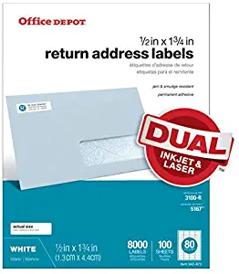 Office Depot White Inkjet/Laser Return Address Labels, 1/2in. x 1 3/4in, Pack of 8,000, 505-O004-0014