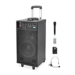 Pyle Pro 800 Watt Outdoor Portable Wireless PA Loud speaker - 10'' Subwoofer Sound System with Charge Dock, Rechargeable Battery, Radio, USB / SD Reader, Microphone, Remote, Wheels - PWMA1090UI