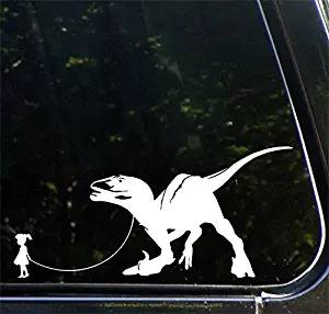 Pet Dinosaur - Velociraptor w Girl- Car | Truck | ATV | Vinyl Decal Sticker - YYDC (7"w x 3.5"h) (Girl - Face Left, White)