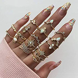 Kakaco Crystal Knuckle Rings Gold Star Stackable Ring Set Midi Finger Rings Sets Jewelry for Women and Girls(Pack of 17)