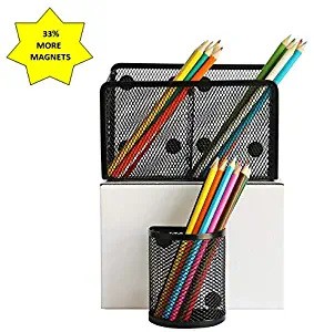 HEXIL-Extra Magnets- 2 Mesh Magnetic Pencil Holder Set - 1x Half-Moon Shaped + 1x Large Two Compartments Pen Holder Basket – Hold on Fridge, Locker, Whiteboard, Office, School, Kitchen, Organizer