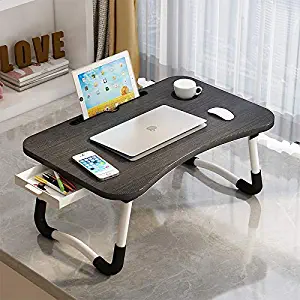 Home Office Lap Desk with Storage Drawer, Phone and Cup Holder, Laptop Bed Tray Table, 23.6" Foldable Laptop Desk, Laptop Stand for Working, Writing, Gaming and Drawing, Black Top White Legs