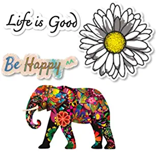 Empt Idio - Super Colorful Flower Lovely Elephant Removable Vinyl Stickers Skin for Laptop, Skateboard, Window, Car, Guitar, Luggage, Helmet (4 PCS, Small Elephant, Daisy, Life is Good, Be Happy)