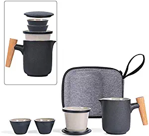 Travel Tea Set with Case, 1 Pot 2 Mini Cups Ceramic Cup 300ML with Heat-Resistant Wooden Handle, Portable Kungfu Tea Cup with Infuser for Office Outdoor Camping, Tea Set for Adult, Tea Lover