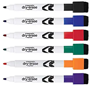Magnetic Dry-Erase Markers With Erasers, Assorted Colors, Pack Of 6