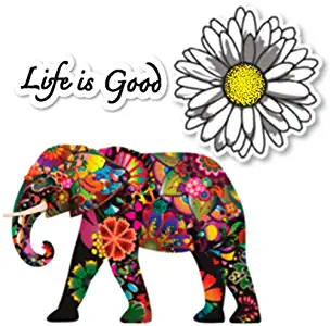 Empt Idio - Super Colorful Flower Lovely Elephant Removable Vinyl Stickers Skin for Laptop, Skateboard, Window, Car, Guitar, Luggage, Motorcycle, Helmet (3 PCS, Elephant, Daisy, and Life is Good)