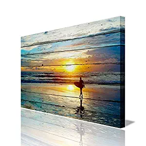 ARTLAND Seascape Wall Art for Living Room Framed Modern Ocean Landscape Canvas Print Surfer at Dusk Artwork Blue Yellow Ready to Hang for Home Office Decoration 24"x36" inch