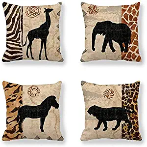 VenusL Set of 4,African Animals,Giraffe,Elephant,Horse,Leopard with Zebra Pattern & Leopard Pattern Decorative Throw Pillow Covers,One-Side Printed,Cotton Linen,18x18 Inch(45x45cm)