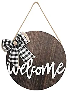 TIMECOSY Welcome Wreaths Front Door,Welcome Sign for Farmhouse, Rustic Wooden Door Hangers Front Porch Decor Outdoor Hanging Vertical Sign (Brown)