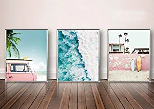 VOUORON Summer California Beach Palm Photo Coastal Wall Art Prints with Pink Surfboard Set of 3 (8”X10” Canvas Picture) Used for Bedroom Wall Art Printing Posters, Office Home Decor, No Frame